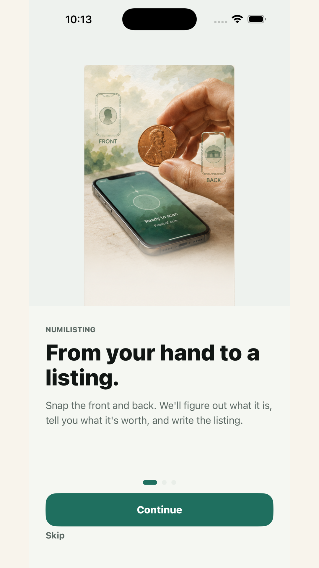 A coin in hand beside the NumiListing scan prompt