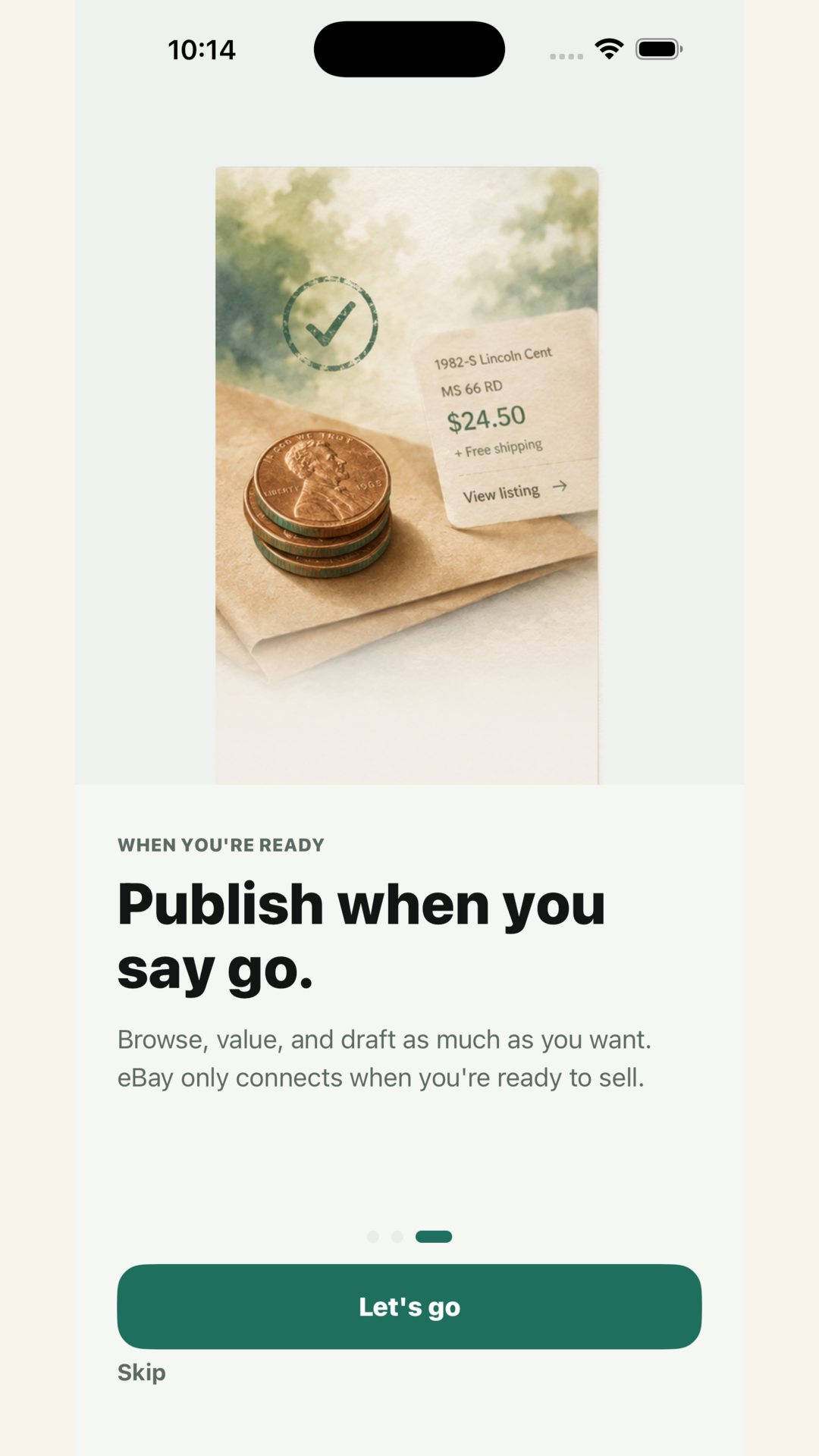 NumiListing screen stating that listings publish only when the user says go