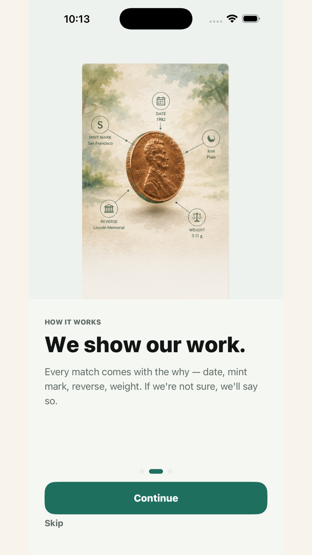 NumiListing onboarding screen explaining that every match comes with supporting details